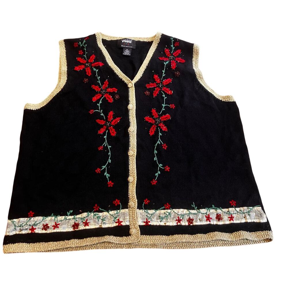 Studio Joy Christmas Sweater Vest 2X Ramie Cotton  Poinsettias Black‎ Red Gold